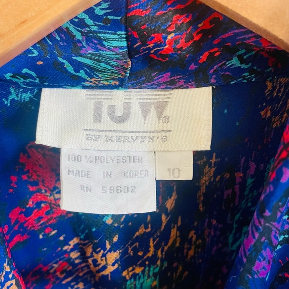 Brocade Plunging V Neck Vintage 80s Silky Long Slv Blue Top Party Satin Blouse - Picture 5 of 11